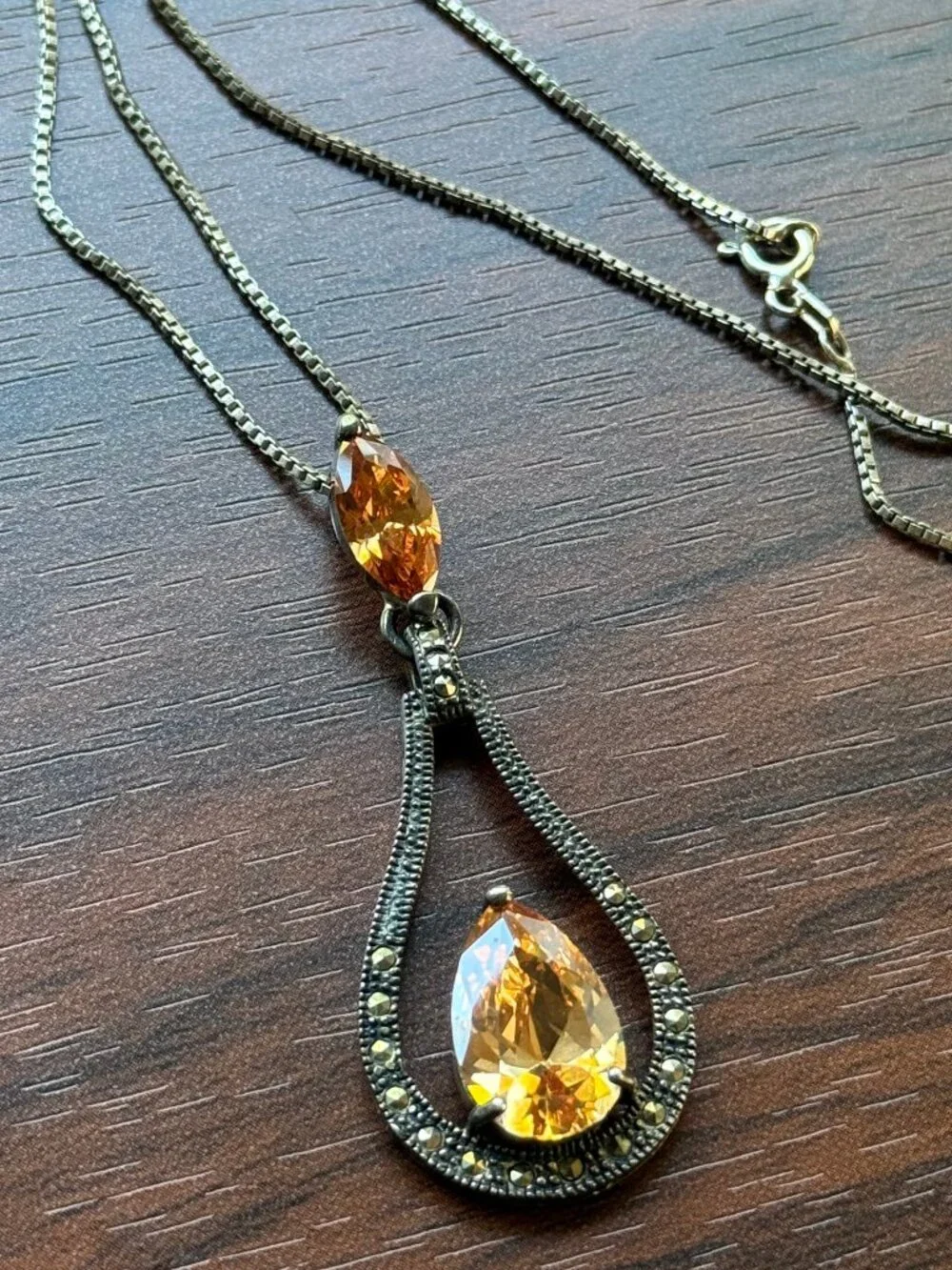 Stunning Art Deco Revival Imperial Topaz Necklace Sterling Silver Marcasite